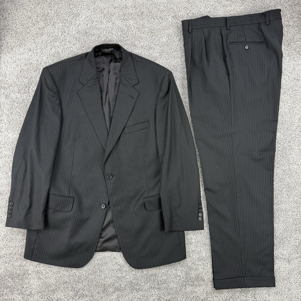 Jos A Bank Signature Gold Suit Men's 42R/36W Black Pinstripe Wool Pleated Cuffed
